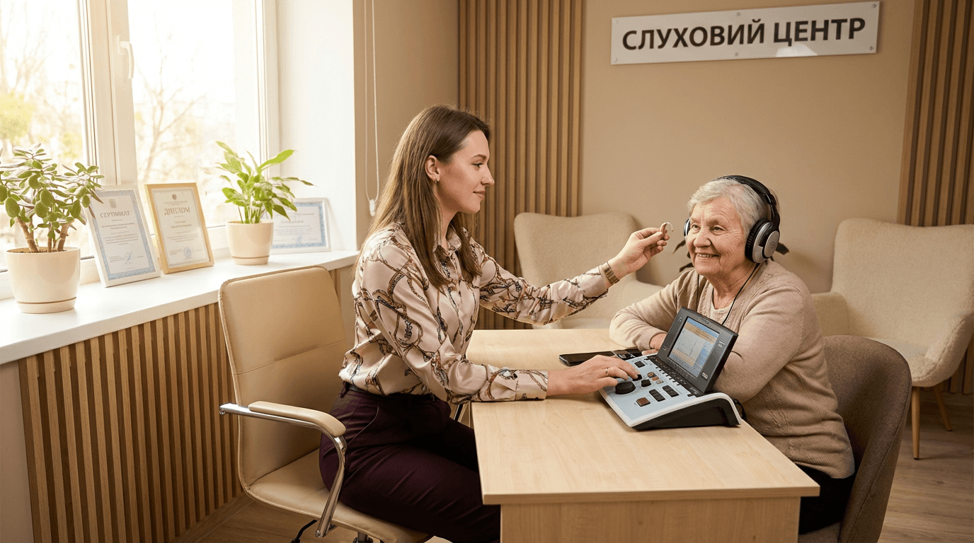 Перевірка слуху у Вінниці — фахівець проводить комп'ютерний скринінг слуху у центрі «Почути Все»