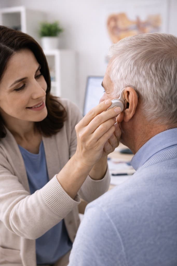 Фахівець встановлює слуховий апарат — післяпродажний супровід клієнта